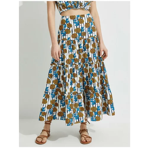Koton Women's Blue Handmade Long Floral Cotton Skirt