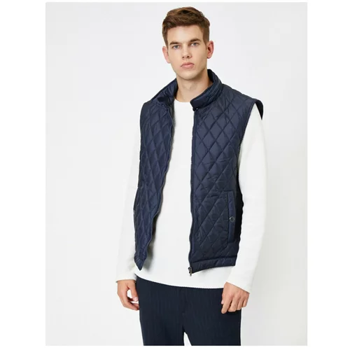 Koton Men's Navy Blue Quilted Stand Up Collar Pocketed Vest