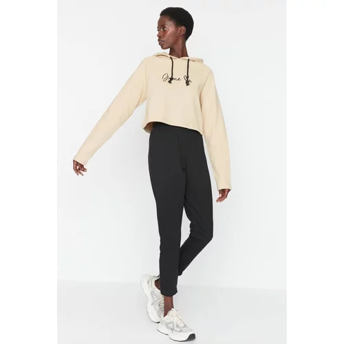 Trendyol Beige Crop and Basic Jogger Printed Thick Fleece Knitted Tracksuit Set