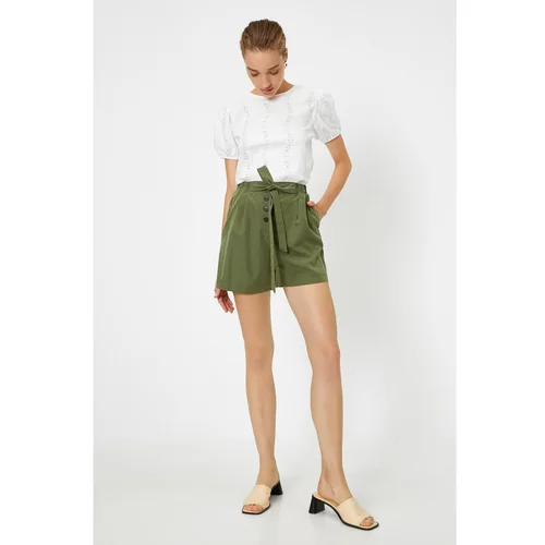 Koton Women's Green Belted Pleated Buttoned Shorts