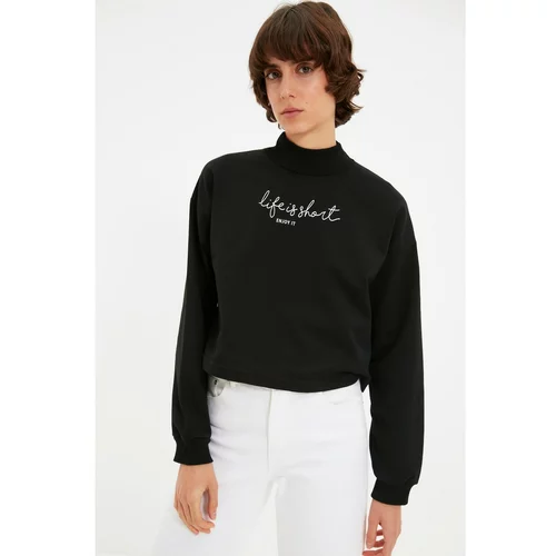 Trendyol Black Basic Stand Up Collar Printed Slim Knitted Sweatshirt