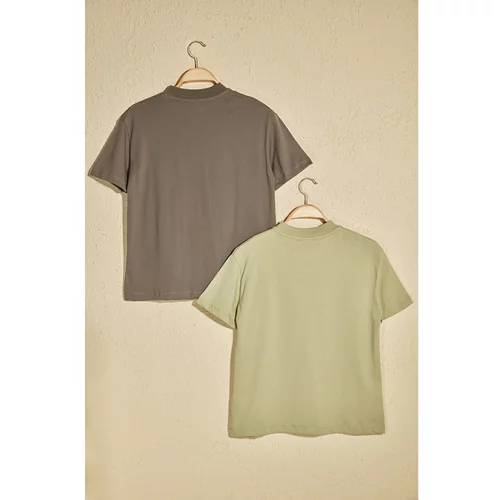 Trendyol Oil Green And Gray Stand Up Collar 2-Pack Basic Knitted T-Shirt