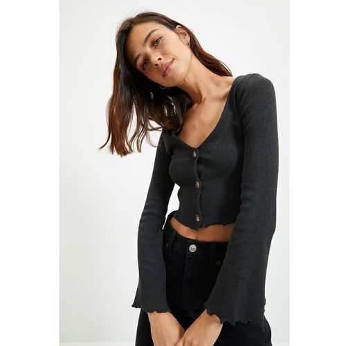 Trendyol Anthracite Buttoned Ribbed Knitted Blouse