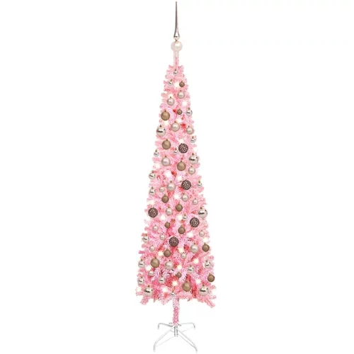 vidaXL Ozka novoletna jelka z LED lučkami in bučkami roza 120 cm