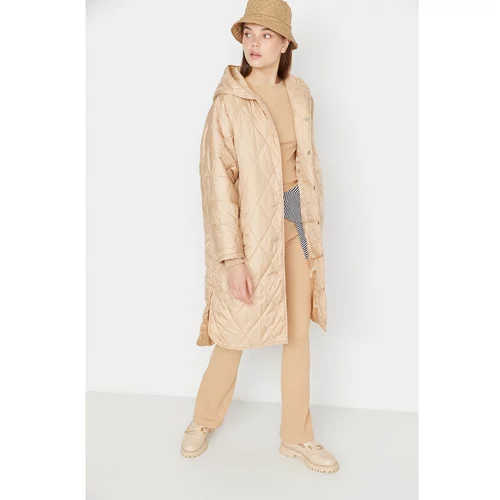 Trendyol Camel Oversize Hooded Quilted Coat