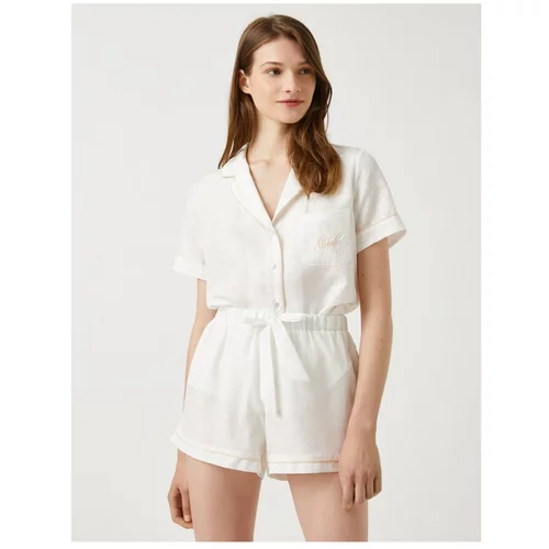 Koton Women's OFF WHITE Pajama Top Shirt Collar Short Sleeve Bridal