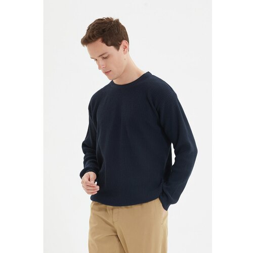Trendyol Navy Blue Men's Oversize Wide Fit Crew Neck Basic Sweater Cene