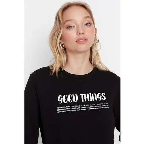 Trendyol Black Printed Basic Raised Knitted Sweatshirt
