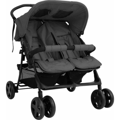 vidaXL Otroški voziček za dvojčke temno siv jeklen