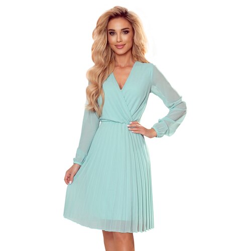 NUMOCO 313-12 ISABELLE Pleated dress with a neckline and long sleeves - MINT Slike