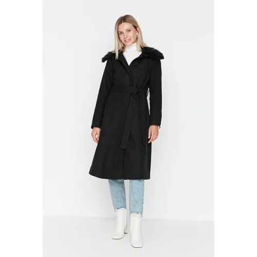 Trendyol Black Collar Furry Belted Long Coat