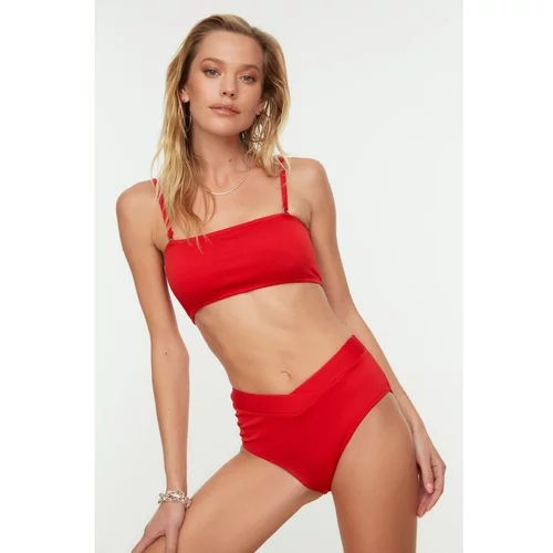 Trendyol Red Textured V Cut High Waist Bikini Bottom