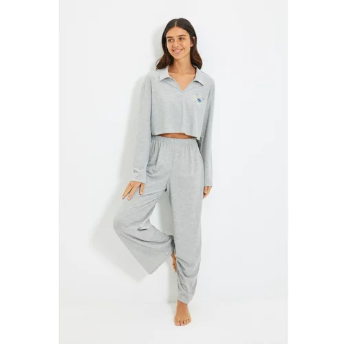 Trendyol Gray Embroidery Detailed Camisole Knitted Pajamas Set