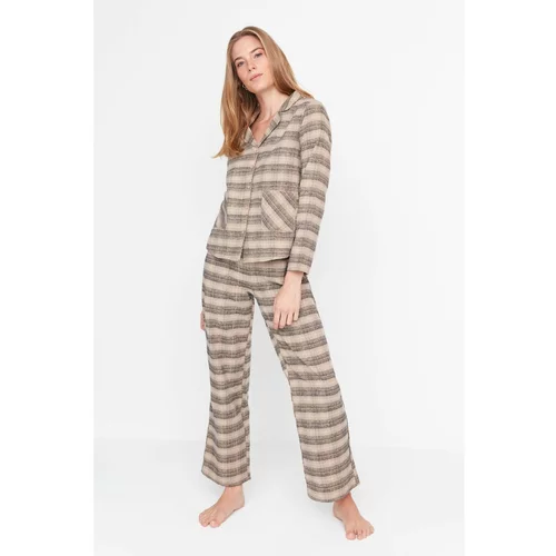 Trendyol Beige Shirt Collar Plaid Pocket Detailed Woven Pajamas Set