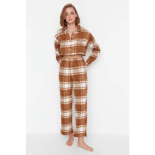 Trendyol Cinnamon Check Shirt Collar Flannel Woven Pajamas Set