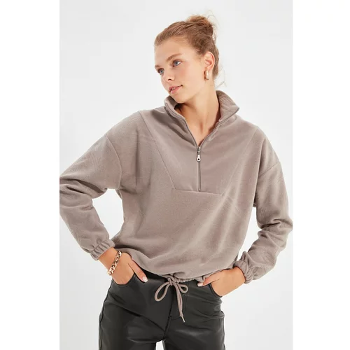 Trendyol Stone Zipper Detailed Basic Knitted Sweatshirt