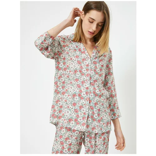 Koton Women's V-Neck Long Sleeve Patterned Button Detailed Pajama Top