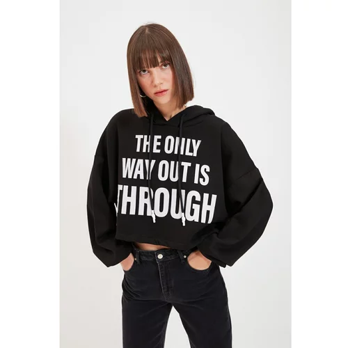 Trendyol Black Printed Hooded Crop Knitted Raised Sweatshirt