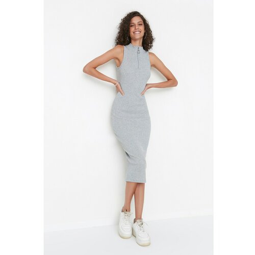 Trendyol Gray Ribbed Midi Knitted Dress  Cene