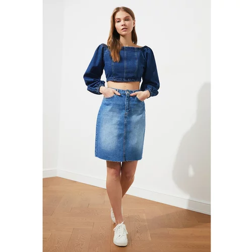 Trendyol Blue Skirt Tip Cut Denim Skirt