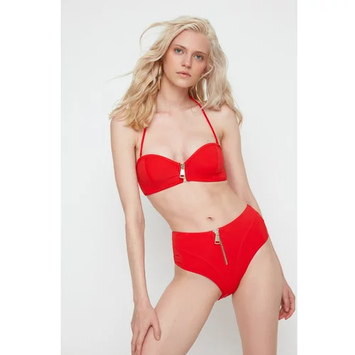Trendyol X Moeva Red Zipper Detailed High Waist Bikini Bottom