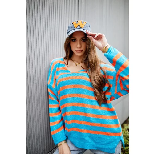 FASARDI Women's oversize striped blue and orange sweater
