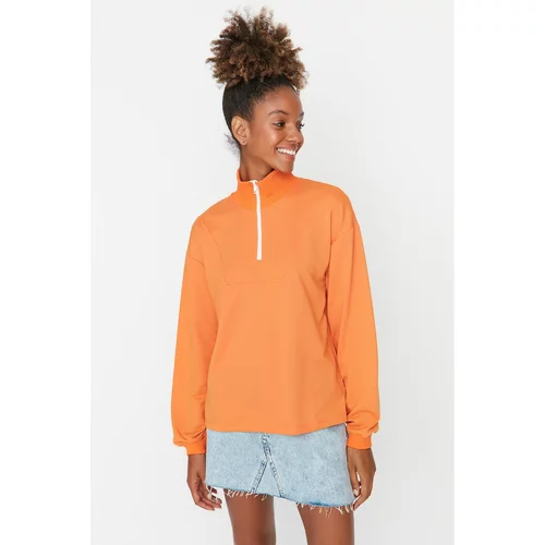 Trendyol Orange Zipper Stand Up Collar Slim Knitted Basic Sweatshirt