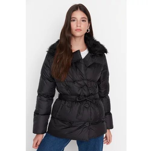 Trendyol Black Oversize Belted Collar Fur Detailed Inflatable Coat