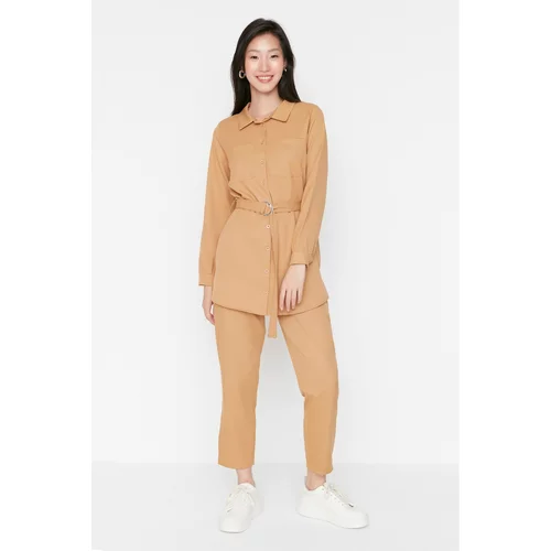 Trendyol Camel Belted Shirt Collar Carrot Fit Woven Bottom-Top Suit