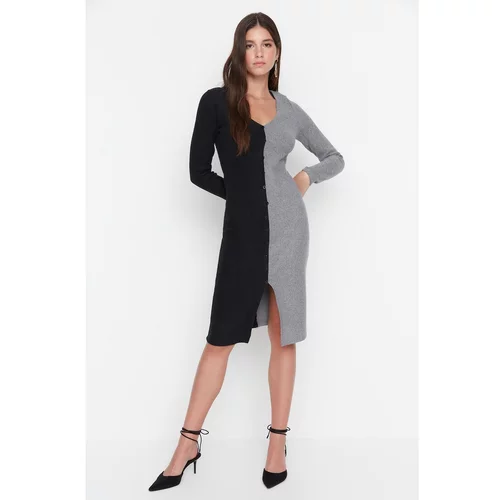 Trendyol Black Color Block Ribbed Bodycon Knitted Dress