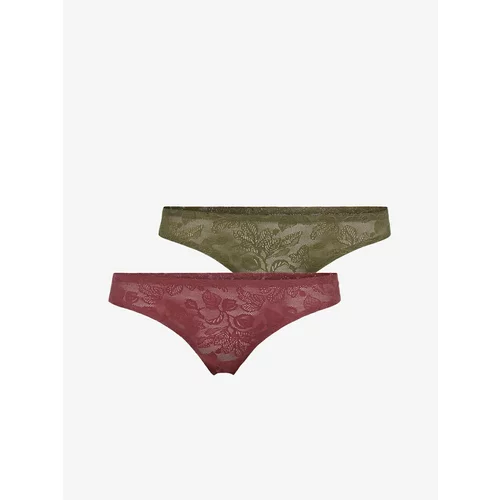 Only Set of two women's lace thongs in khaki and burgundy Mynte - Women
